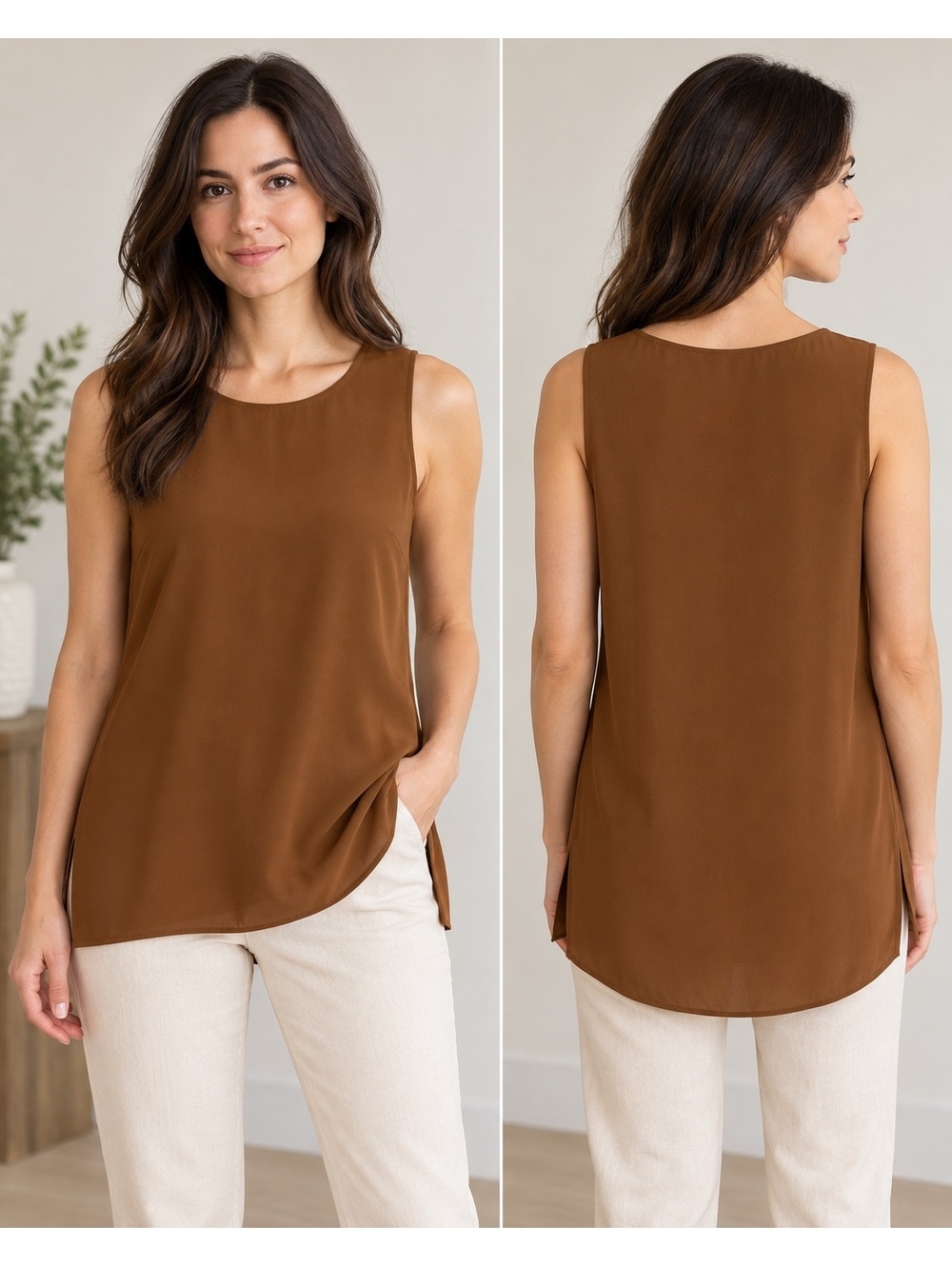 Eileen Fisher 100% Silk Brown Sleeveless Tunic Top S/P Petite